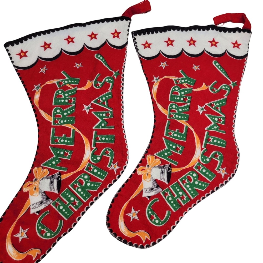 2 Christmas Stockings Red Santa Tree Merry Christmas Bells Handmade Fabric Vtg